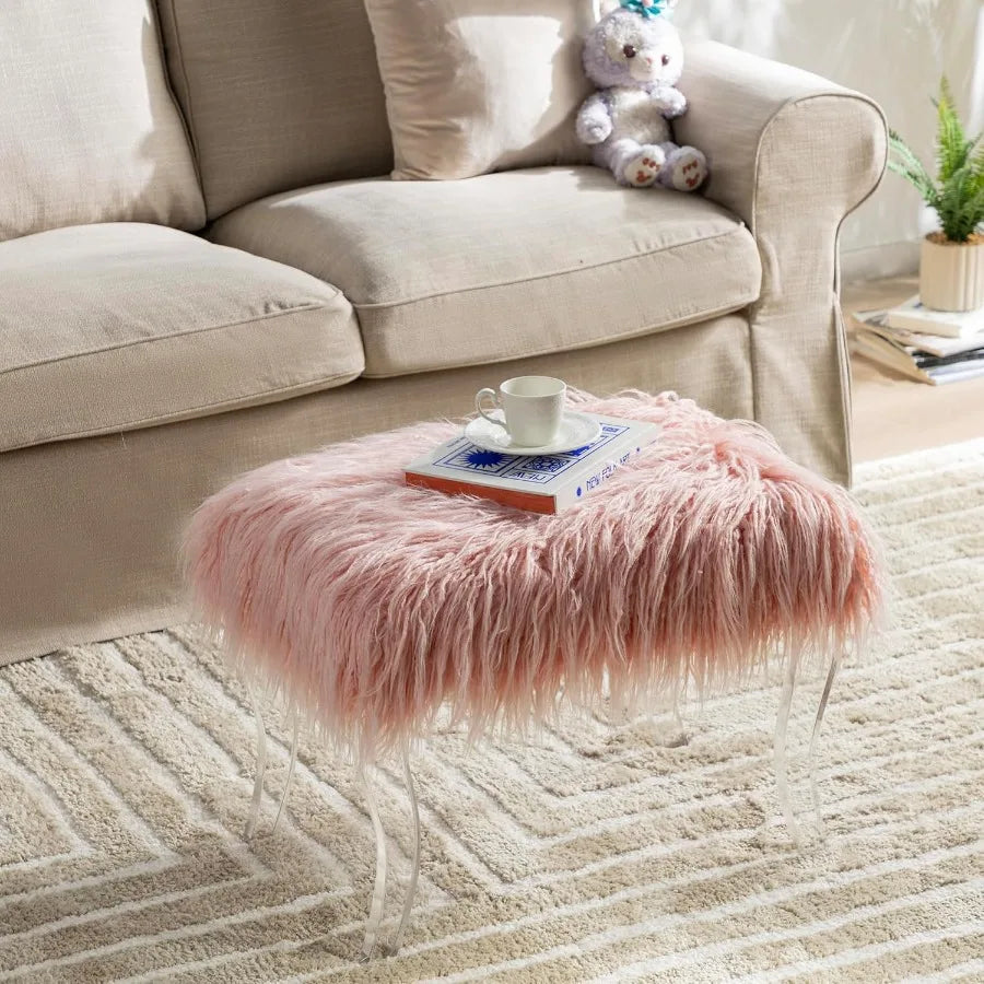 Pink Faux Fur Ottoman Bench – Modern Footrest with Acrylic Legs
