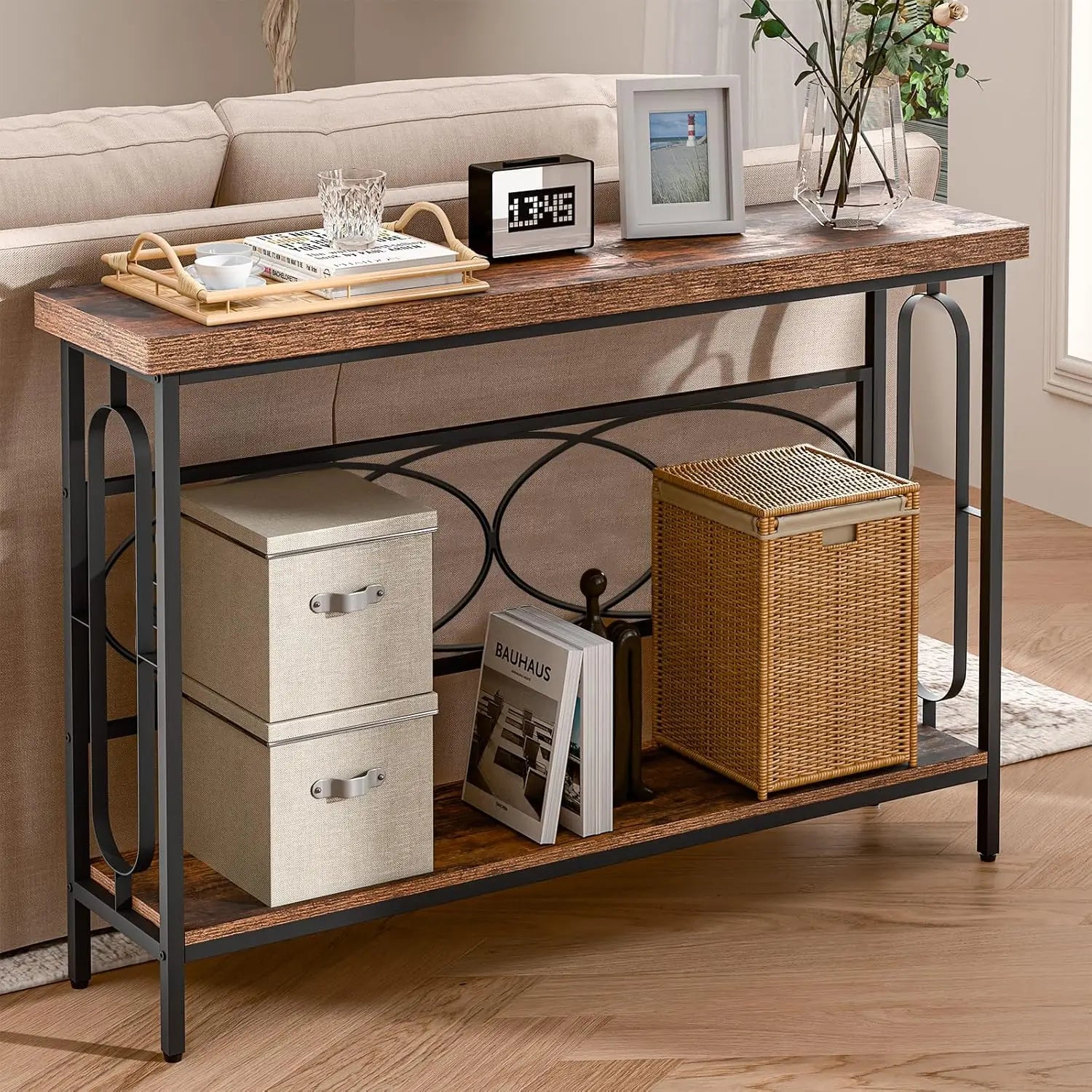 Industrial Console Table For Entryway, Rustic Console Table Behind Couch, 2 Tier Sofa Tables For Home Living Room, Hallway,