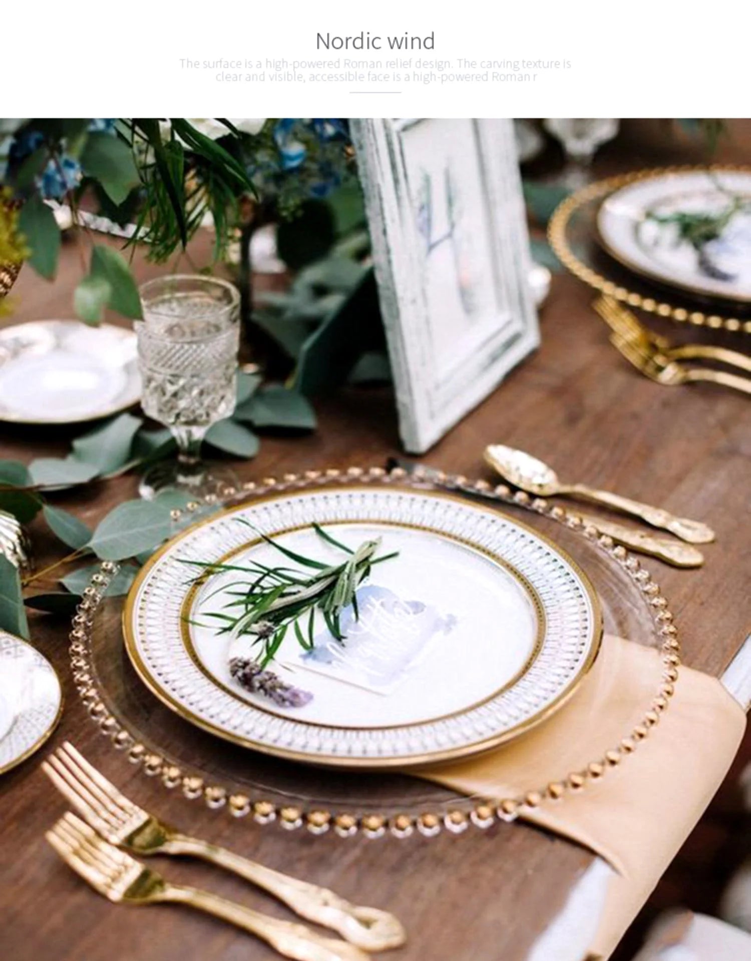 Golden Beaded Round Glass Plate – Transparent Dessert & Fruit Display Tray