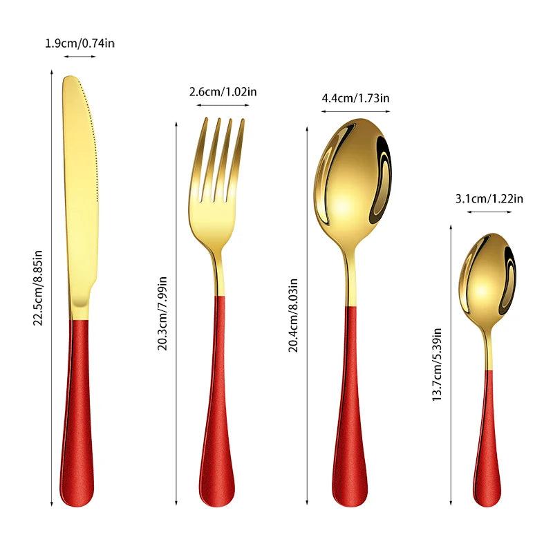 4/6/16/24pcs Gold red stainless steel cutlery 1010 round handle knife, fork and spoon household cutlery set