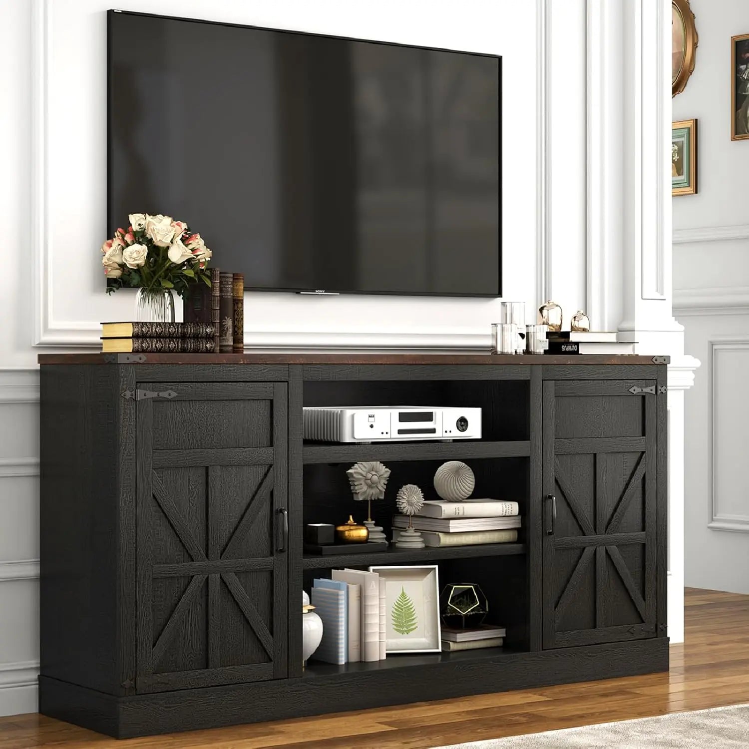 66 Inch Farmhouse TV Stand with Power Outlets for 75 Inch TVs 33 Tall Entertainment Center with Storage Cabinets Adjustable Shel