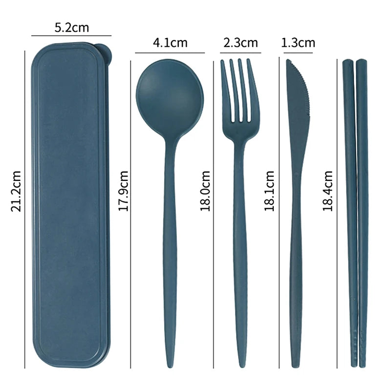 4Pcs Travel Cutlery Sets Portable Tableware Set With Box Chopsticks Fork Spoon Knife Wheat Straw Dinnerware Picnic Cutlery