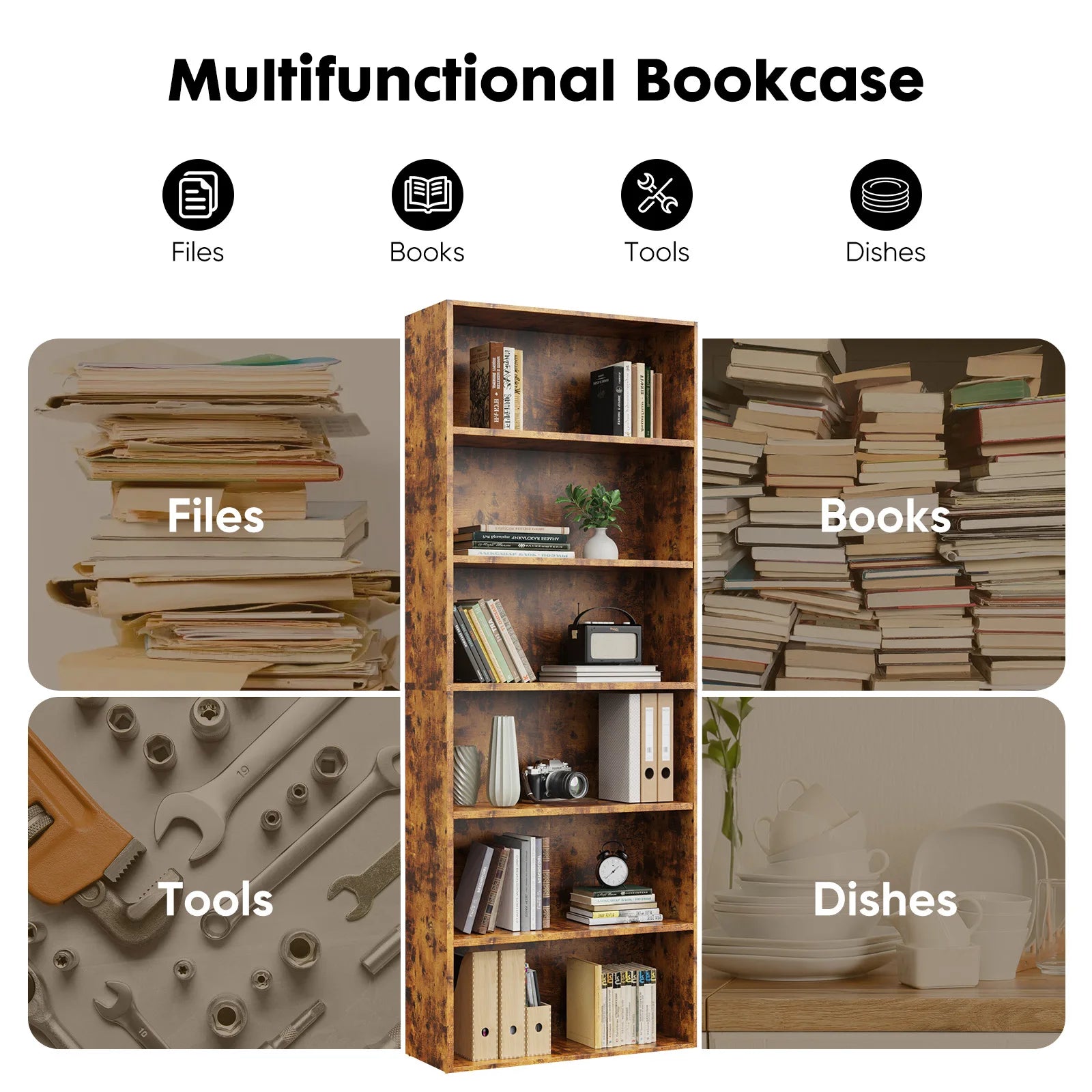 6-Tier Wooden Shelf Bookcase – 63″ Tall Floor-Standing Open Bookshelf