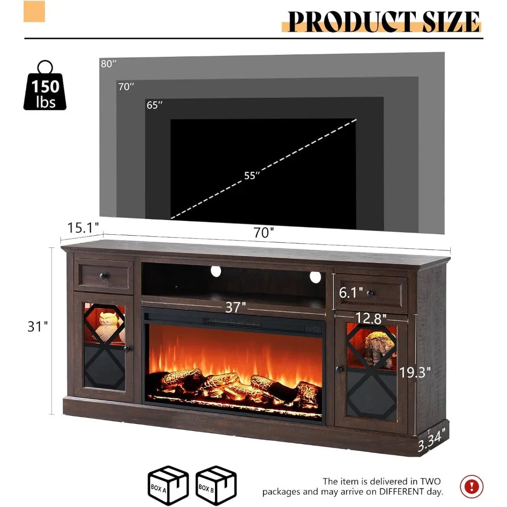 Farmhouse Style 70-Inch Fireplace TV Stand, Accommodates 80-Inch TVs, Large LED Entertainment Center with 37-Inch Firep
