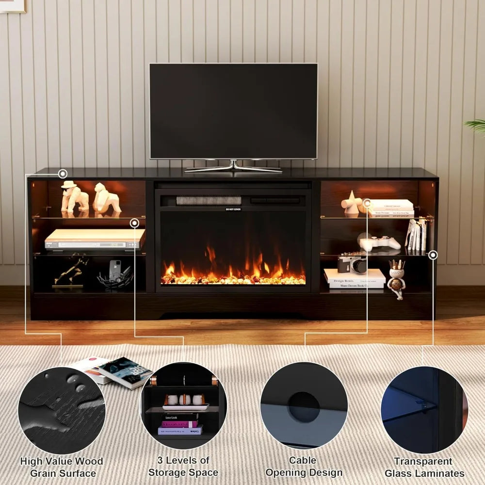 Electric Fireplace TV Stand with 23 Inch Fireplace Wood And Glass Entertainment Console for TVs up to 75 Inch with LED Lights