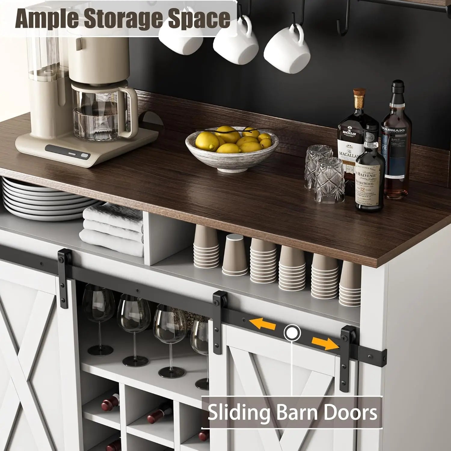 75″ Tall Farmhouse Bar Cabinet – Coffee Hutch with Sliding Barn Door