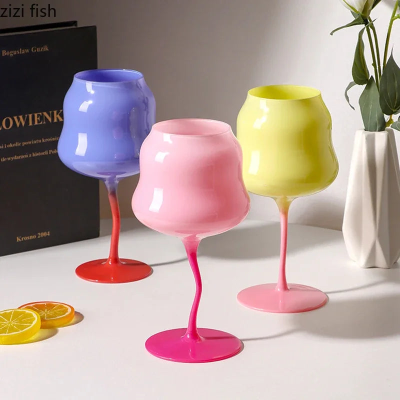 Cream Style High Footed Glass Cup Creative Colored Red Wine Glass Wine Glass Cocktail Glasses Liquor Container Home Drink Ware
