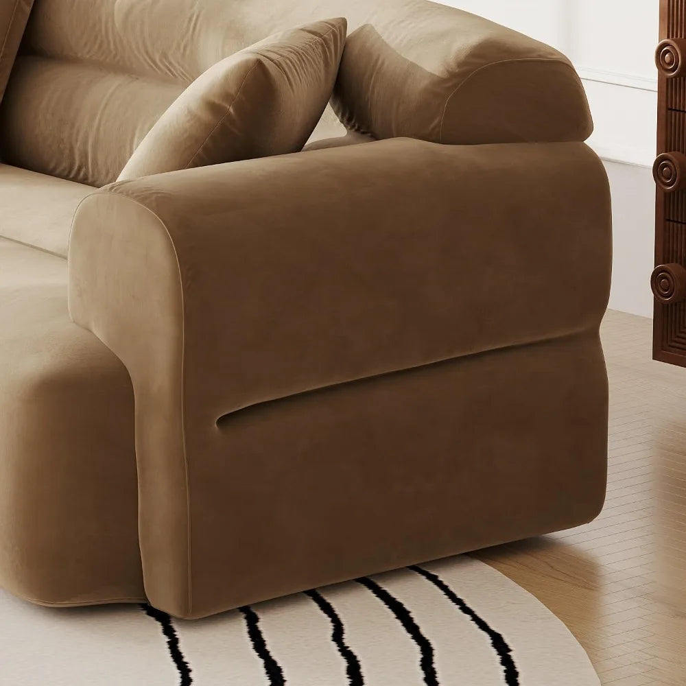 Boneless Couch with Deep Seats, 110" W Curved Lazy Sofa with Soft Armrests and 3 Small Pillows, Lounge Sofa, Big Mid Century