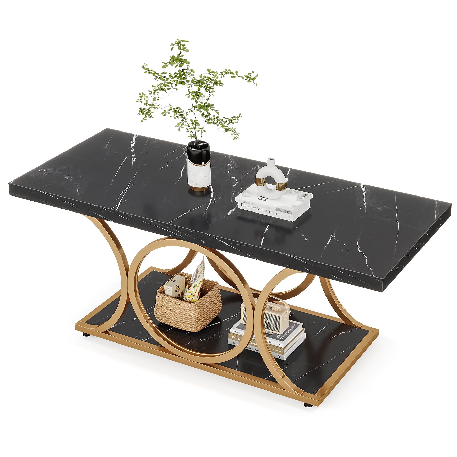 Rectangular Modern Coffee Table – 47.24” 2-Tier Faux Marble & Wood Center Table