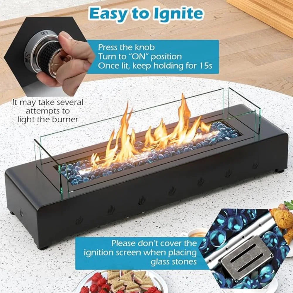 30 Inch Tabletop Propane Fire Pit, 40,000 BTU Table Top Firepit Fire Bowl with Wind Guard, Glass Rocks, Stainless Steel