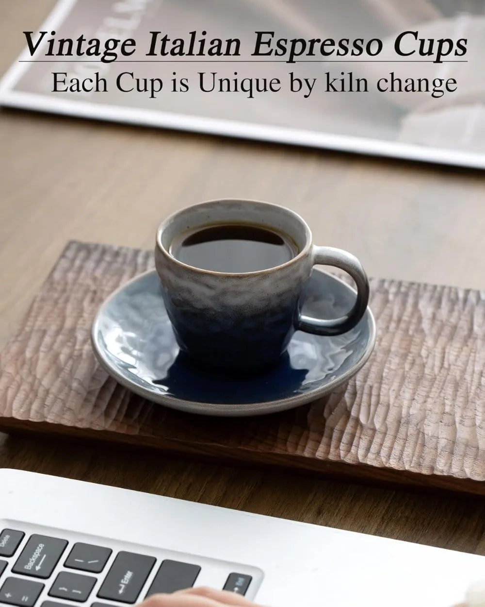 Set of 4 Vintage Ceramic Espresso Cups with Saucers, 3 oz Mini Coffee Mugs for Lungo, Blue Gradient