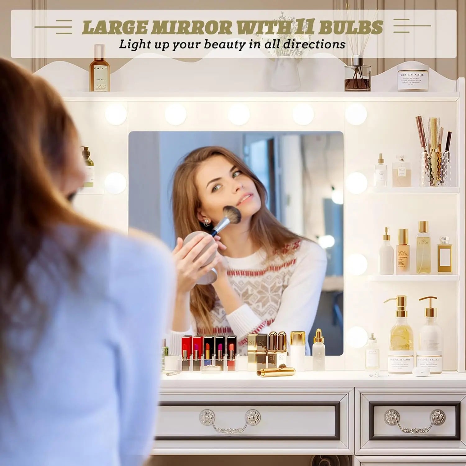 Makeup Vanity Desk with Mirror, Lights & Charging Station, 6 Drawers, White Bedroom Dressing Table