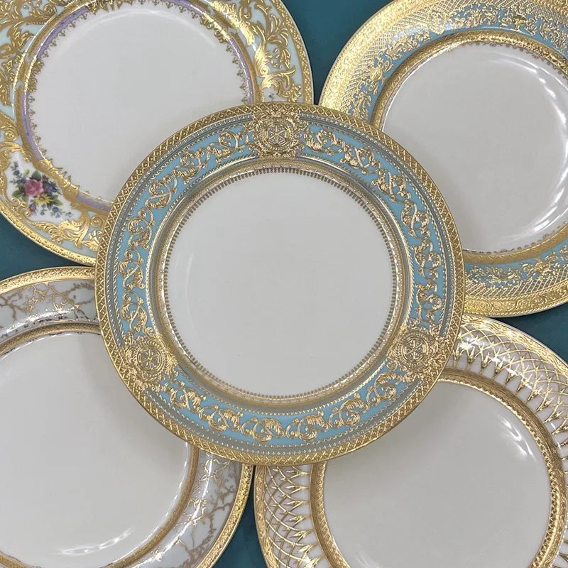 7″ Embossed Disc Bone Plate with Gold Edge – Light Luxury Dinner & Dessert Plate