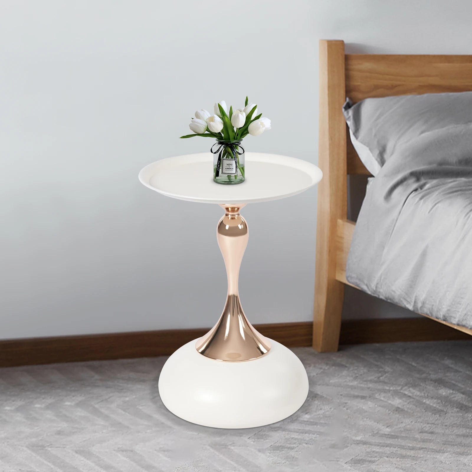 White, Round End Table, Metal Side Table Small Table, Floor Standing Sofa Side Table Nightstand, for Living Room Bedroom Office
