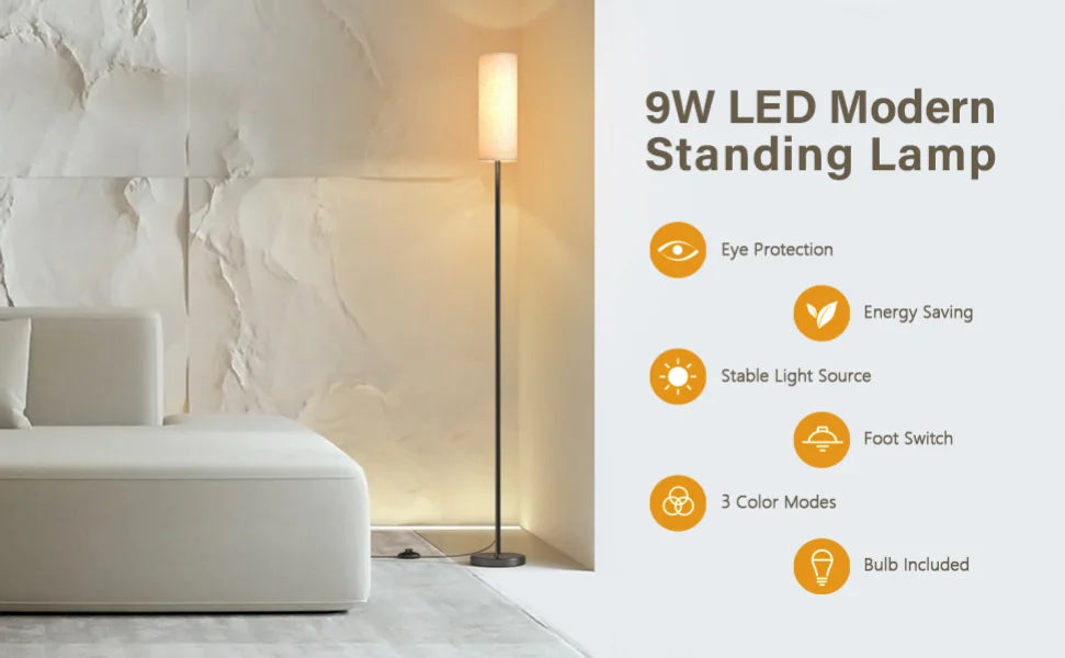 Modern Living Room Floor Lamp, Dimmable with 9W LED Bulb, 165 cm High 3 Colour Temperatures and Foot Switch, Reading Lamp