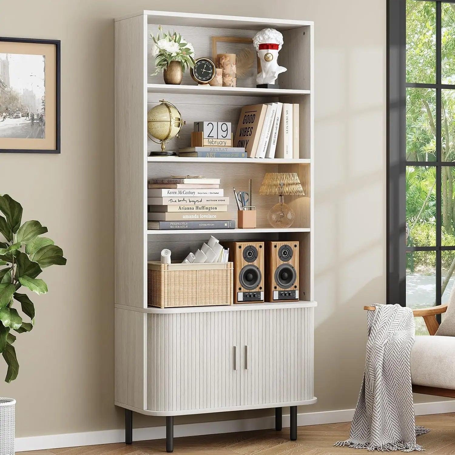 71″ Tall 4-Tier Bookshelf with Storage Cabinet & Sliding Door