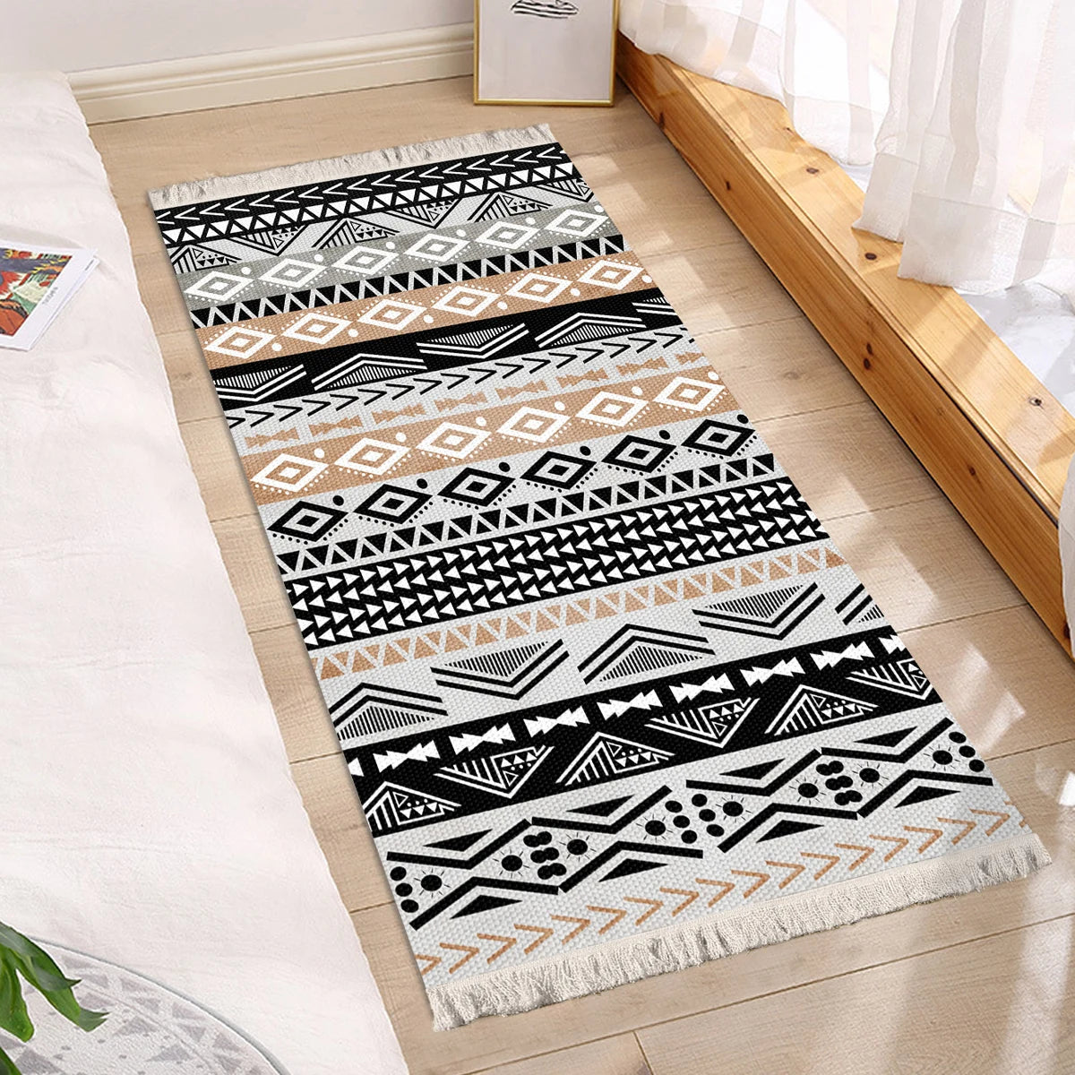 Woven Carpet Floor Mat – Black & Yellow Exotic Print with Tassels