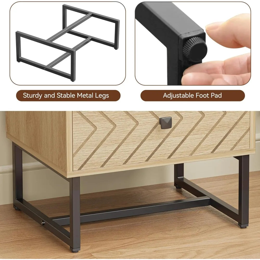 Modern Nightstand with 2 Drawers, Wood Night Stand with Metal Legs, Boho Bedside Table, Accent End Table for Bedroom