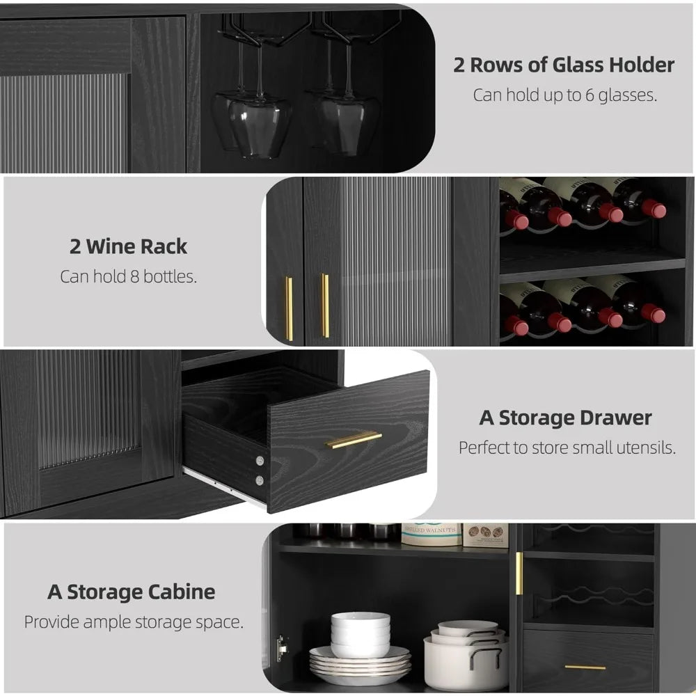 Wine Bar Cabinet with LED Light – Floating Coffee Cabinet with Wine & Glass Rack