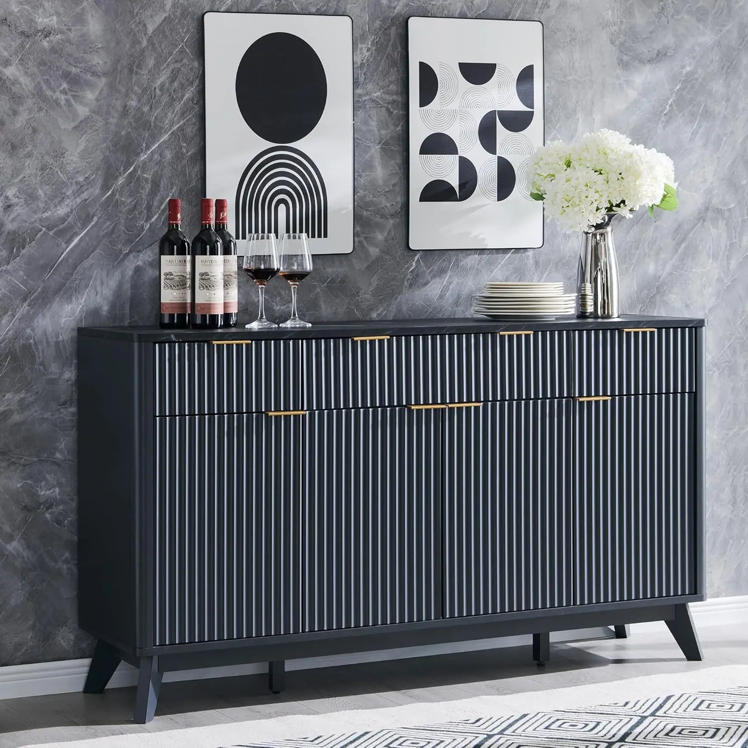 Fluted Buffet Sideboard Cabinet with Storages, 60" Large Modern Buffet Table Coffee Bar Wine Bar Storage Cabinet with 3 Drawers