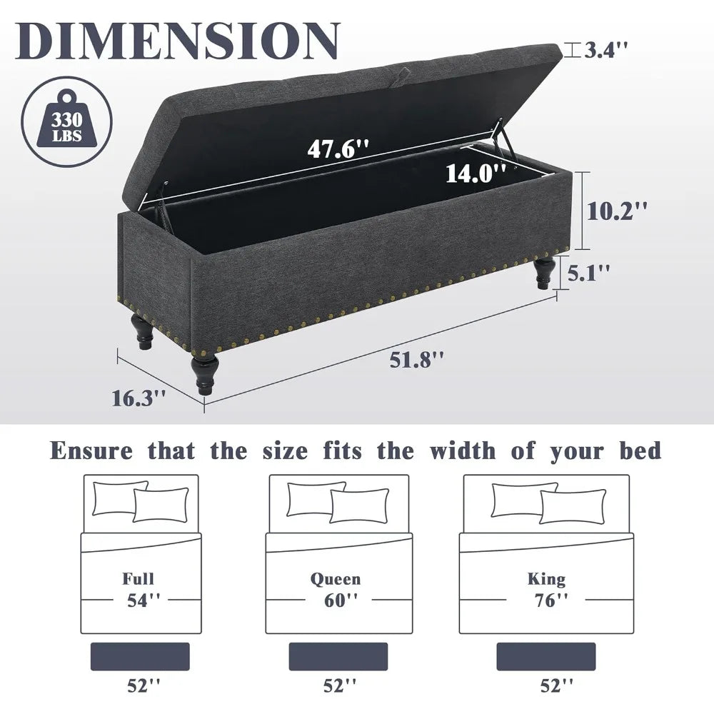 Large Upholstered Storage Ottoman Bench – Safety Hinges Heavy-Duty Design
