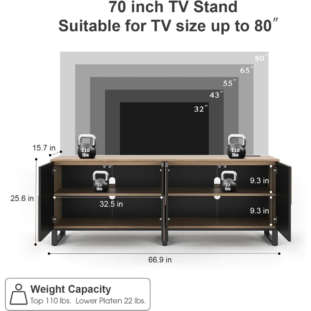 Black 70-Inch TV Stand with Power Outlet, Large Entertainment Center for 75 TVs, Adjustable Storage Cabinet