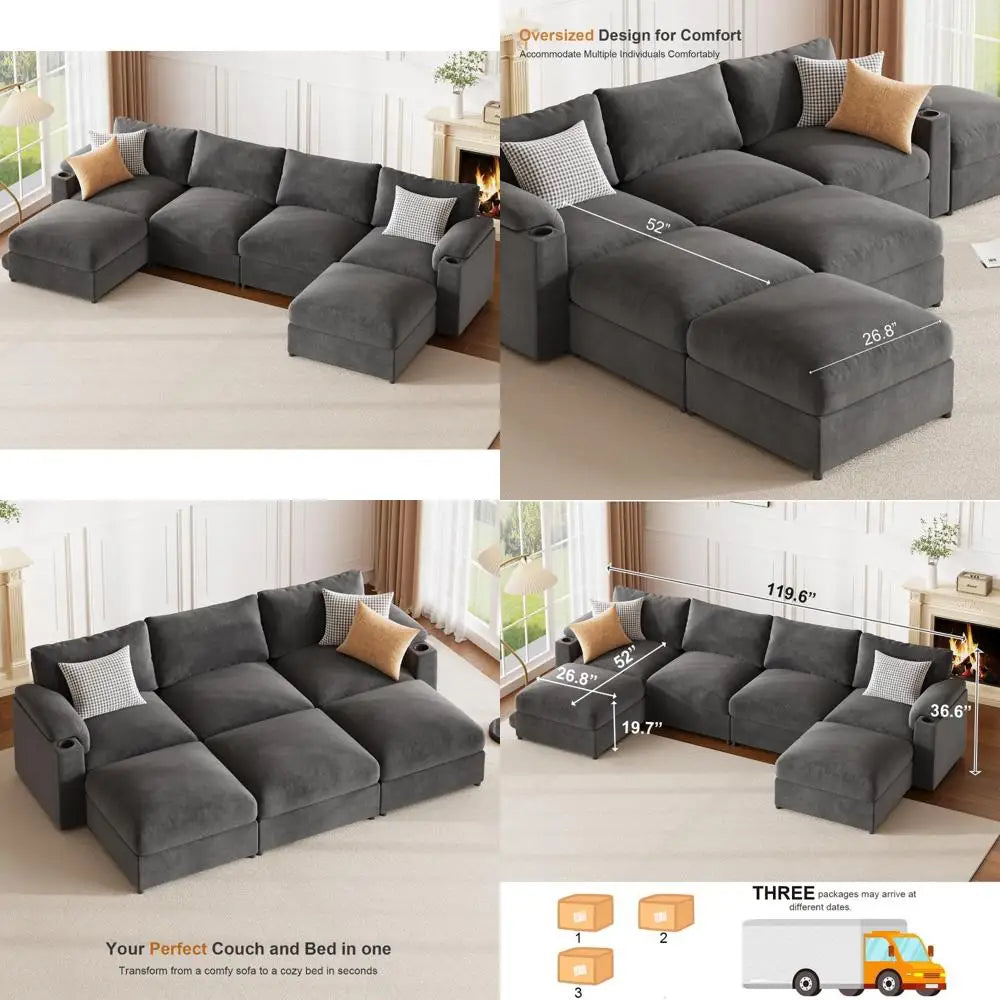 U-Shaped 6-Seat Velvet Cloud Sofa with Deep Seating and Convertible Sleeper for Living Room, 119.6 Inch Sectional Couch