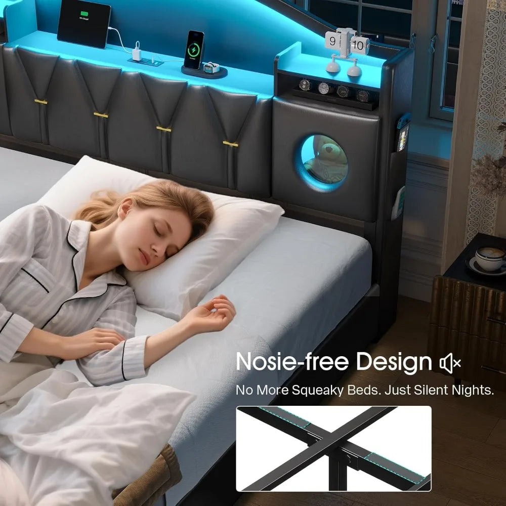 California King Platform Bed Frame with Storage Headboard – LED Lights & 6 Drawers