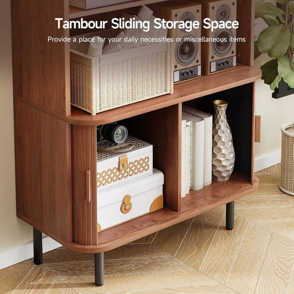 71″ Tall 4-Tier Bookshelf with Storage Cabinet & Sliding Door