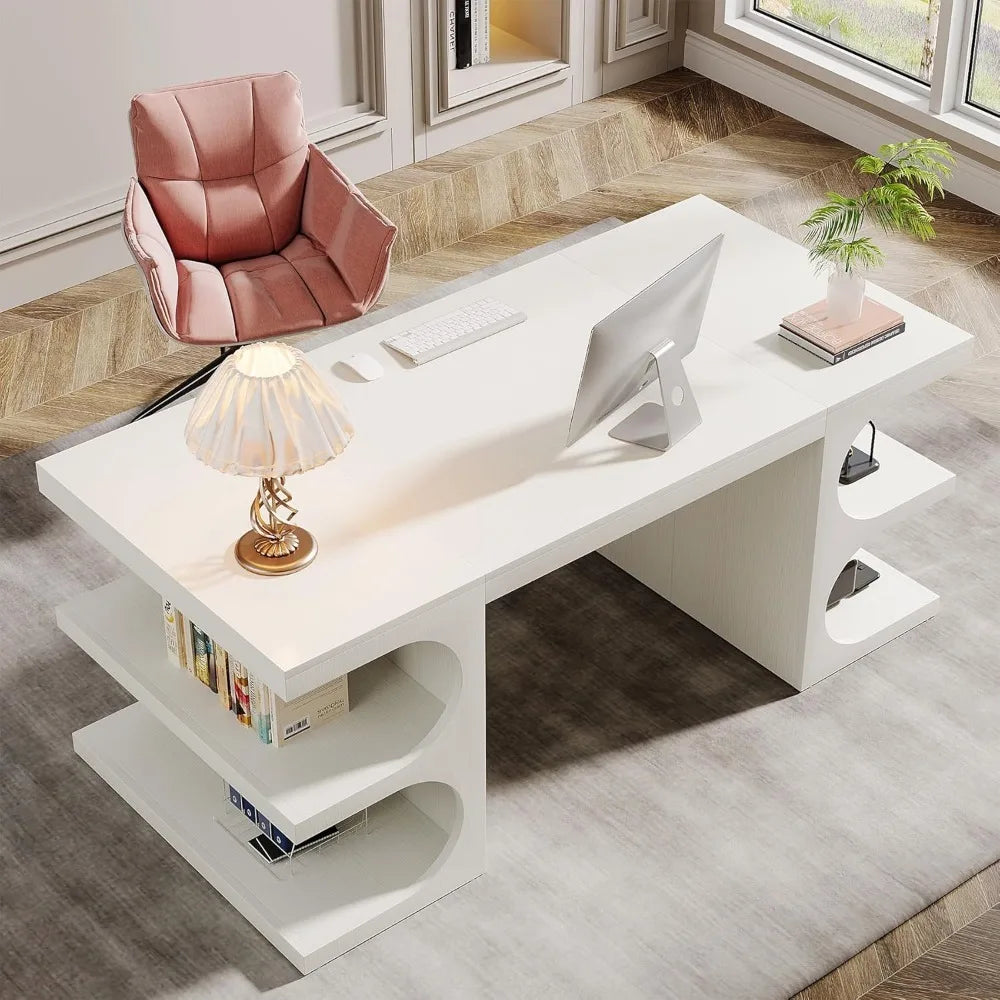 Modern Executive Office Desk,Computer Office Desk with Storage Shelves,Wood Study Writing Table,Workstation Business Furniture
