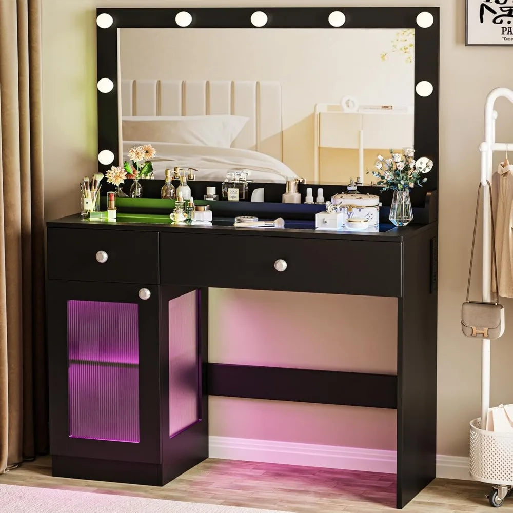 Black Vanity Desk with Mirror and Lights, 39.4'' Glass Top Makeup Vanity with RGB Cabinet Drawers Power Outlet 3 Color Light Mod