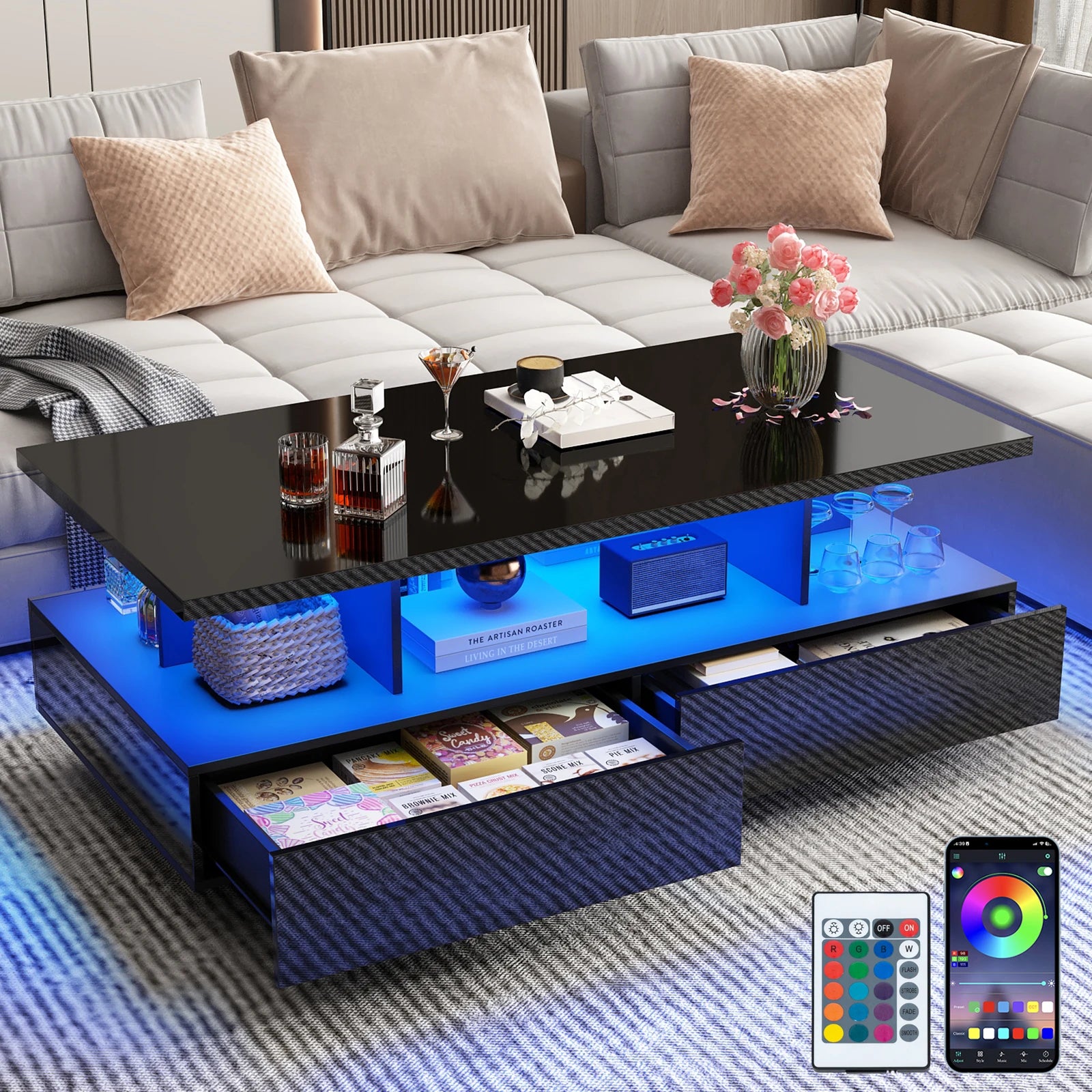 43” LED Coffee Table – Modern High-Gloss Rectangular Center Table with 2 Drawers & Display Shelf