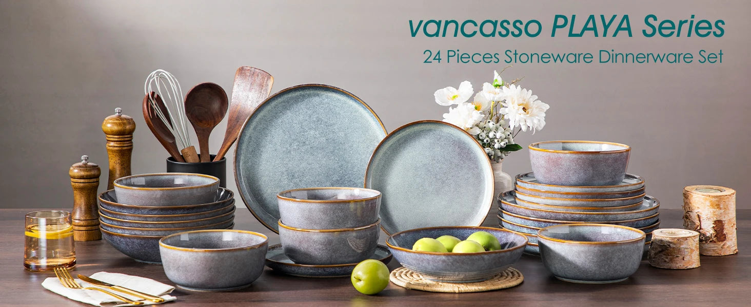 vancasso 12/16/18/24 Piece Grey-Blue Reactive Glaze Stoneware Plates Set Dinnerware Sets with 4/6 pcs Dinner Plate/Dessert/Bowl