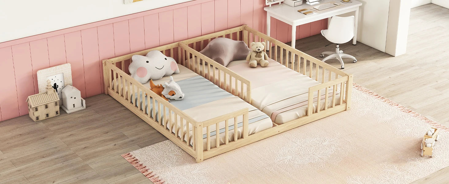 Double Twin Floor Bed with Fence & Guardrails – Doorless Design