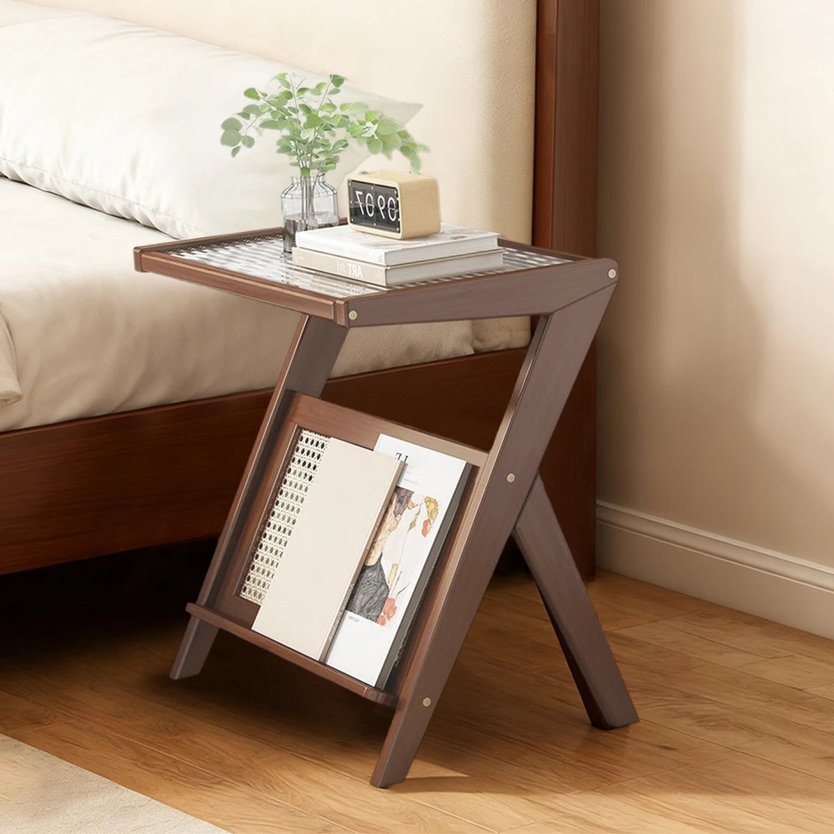 Compact Acrylic-Top Rattan Nightstand Bamboo Storage Shelves Boho Bedroom/Living Room Coffee Table Set