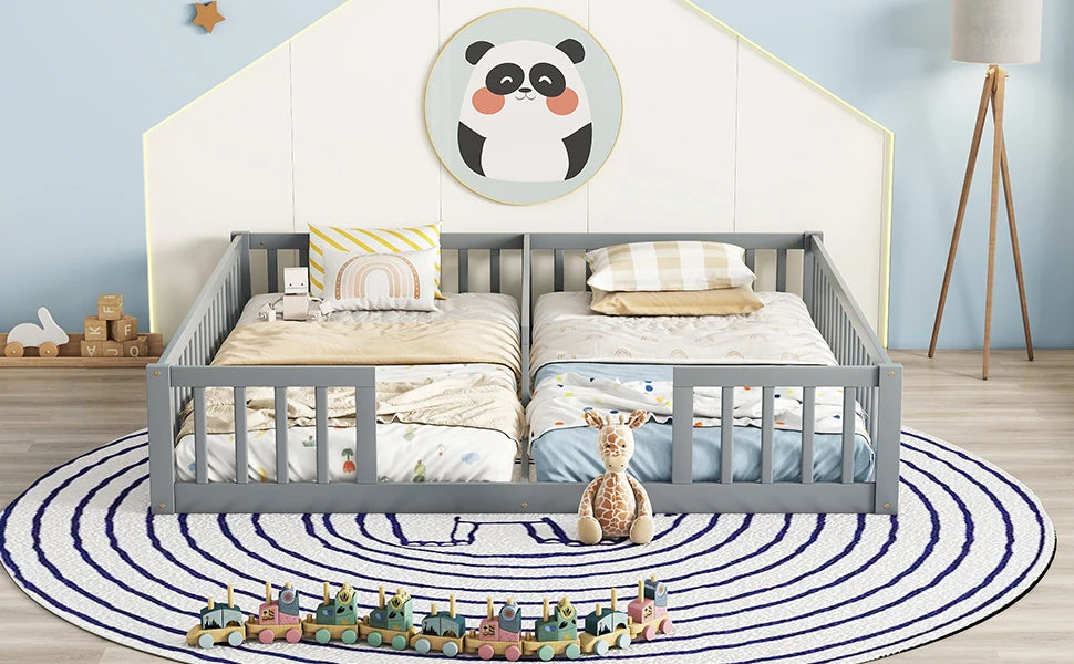 Double Twin Floor Bed with Fence & Guardrails – Doorless Design