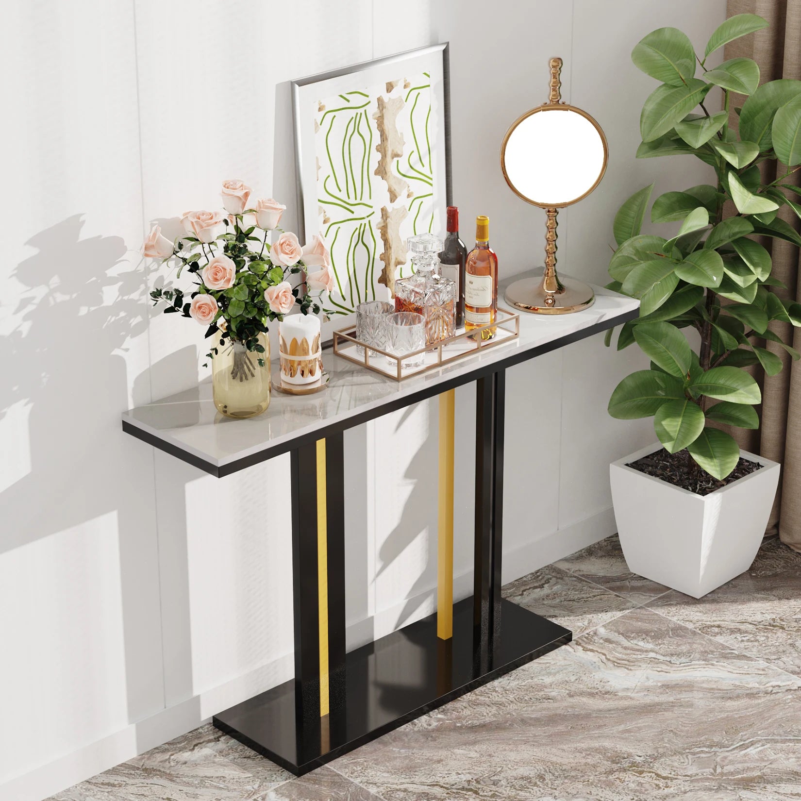 Contemporary Style Console Table with Stone Top and Pedestal Base for Hall Marble Slate Narrow Table Against The Wall Porch