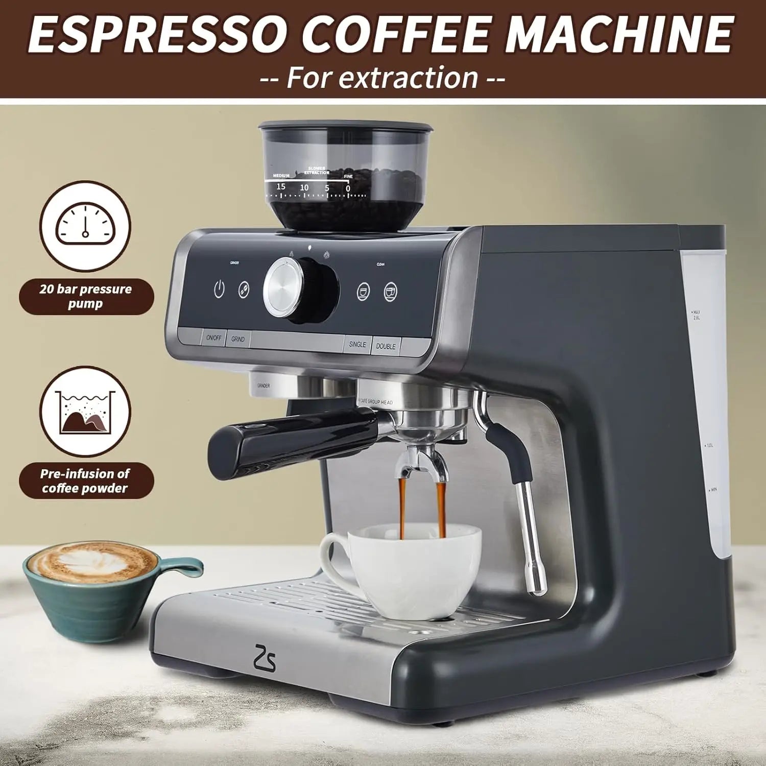 Professional Espresso Machine with Built-In Grinder & Milk Frother – 20 Bar Barista Coffee Maker