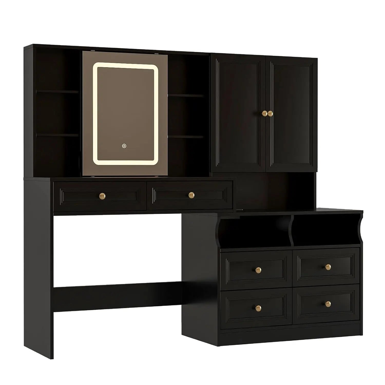 Large Black Vanity Desk with Sliding Mirror & Lights, Big 58.6" Makeup Vanity Table & Nightstand Combo with Power Outlet and 6 D