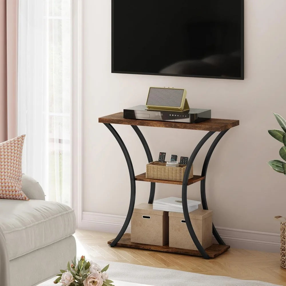 3 Tier Console Table with Open Wood Shelves, Decorative Entryway Table with Curved Metal Frames, Narrow Sofa Table for