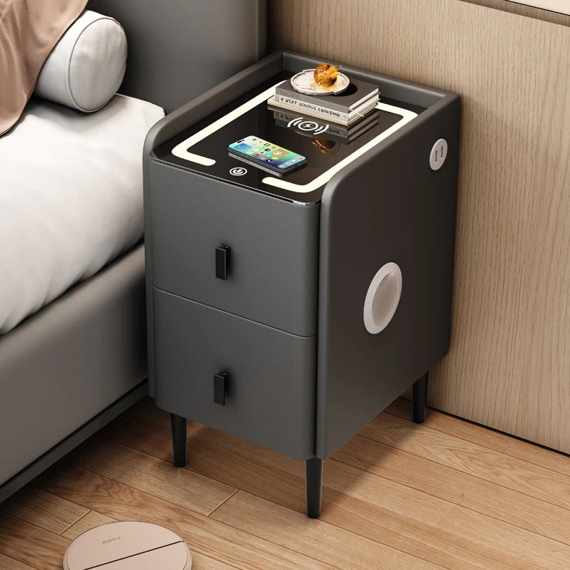 Ultra Narrow Smart Nightstand Luxury Bedside Table Minimalist Solid Wood Storage Cabinet Compact Bedroom Organizer with Charging