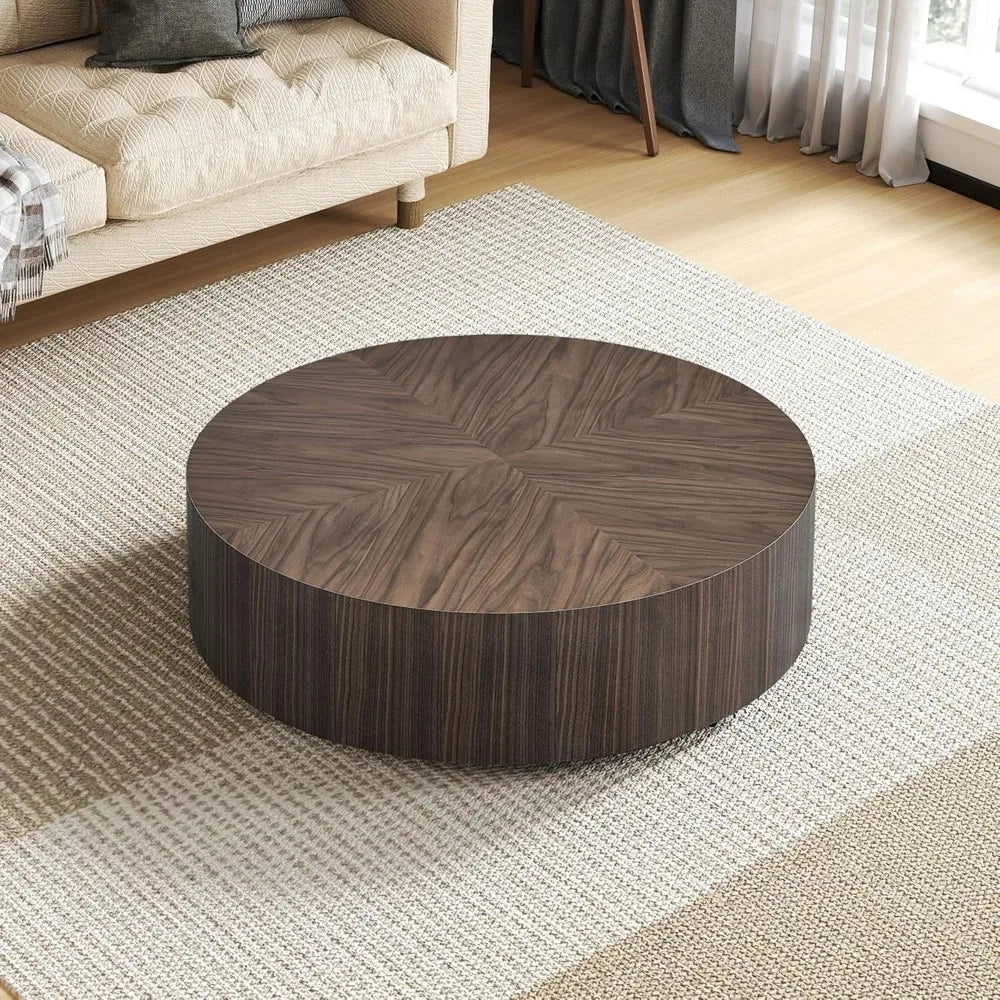 35.43” Round Modern Drum Coffee Table – MDF Wood Center Table for Living Room & Office