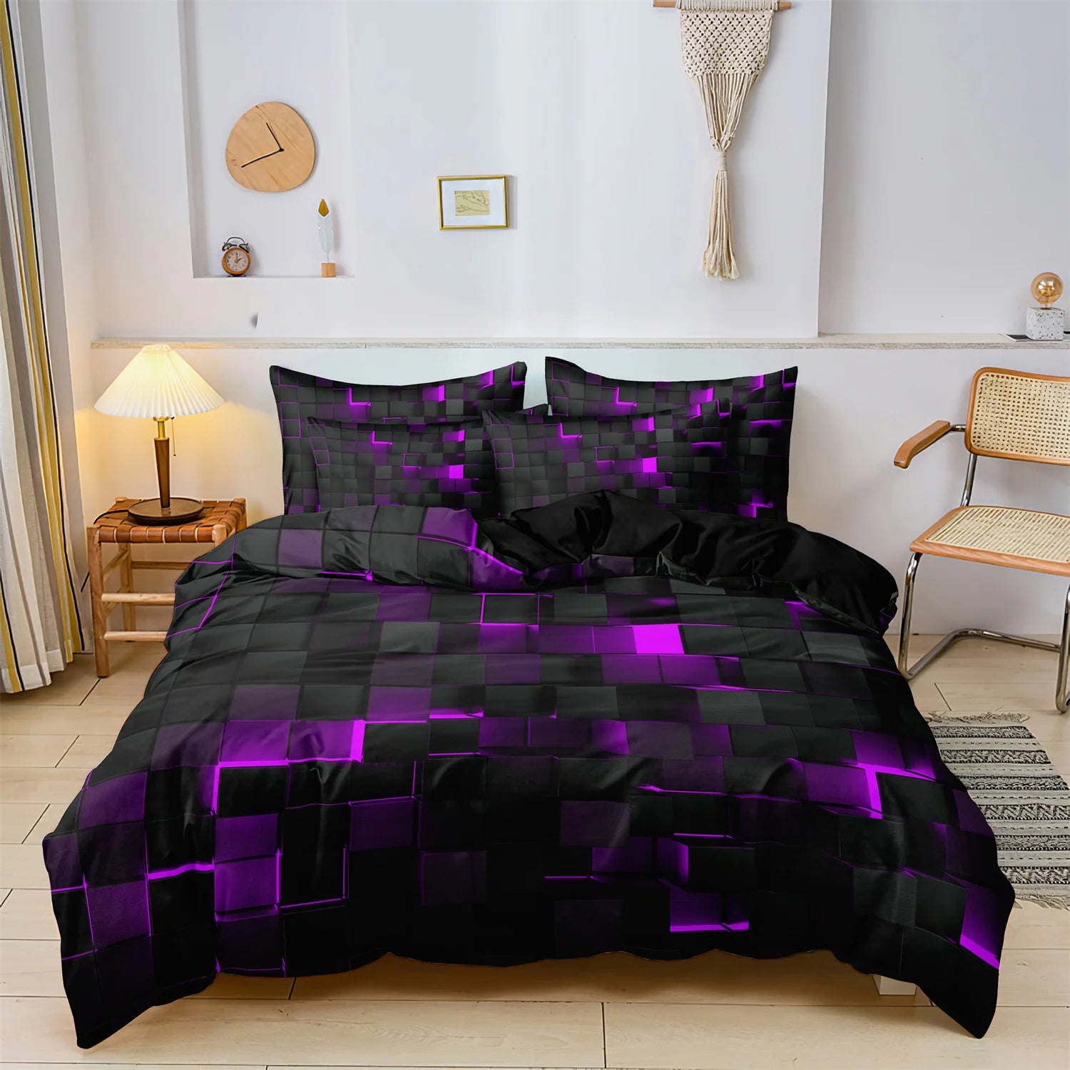 3pcs 3D Digital Print Energy Block Geometric Cube Modern Grid Plaid Checked Bedding Set  Includes 1*Duvet Cover & 2*Pillowcases
