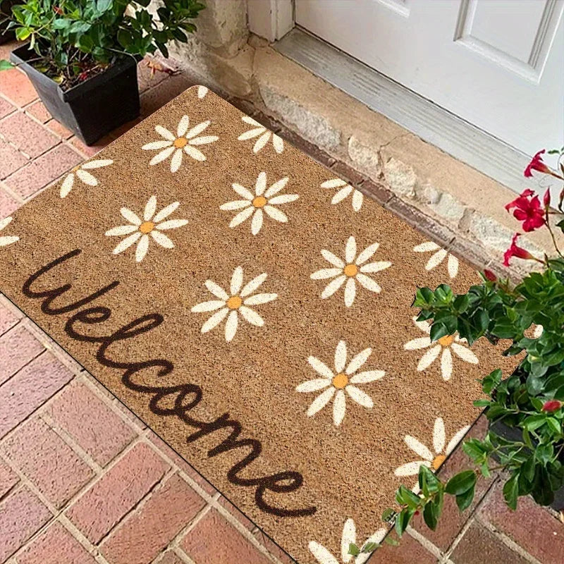 Daisy Welcome Mat – Floral Front Door Mat in Gold Diamond Plush, Machine Washable