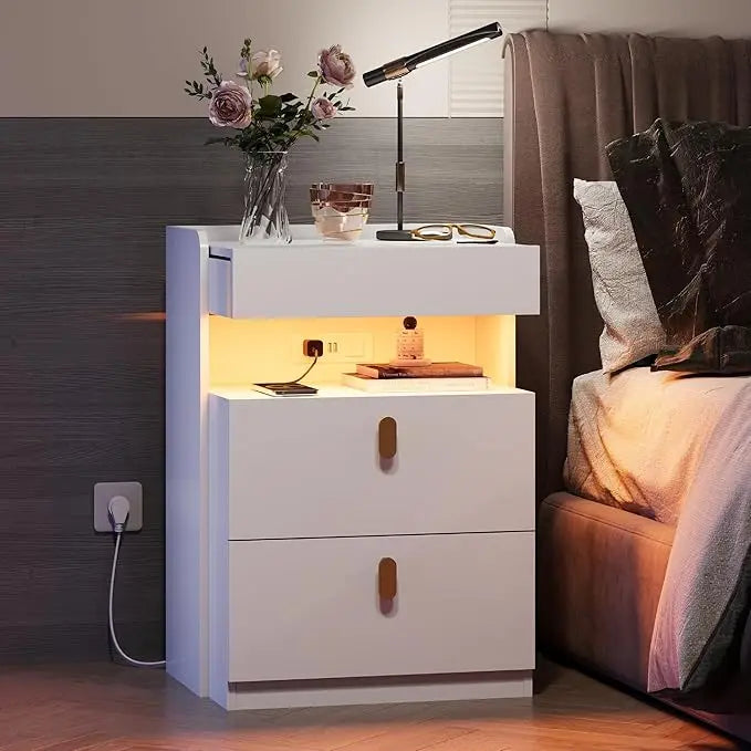 Nighstand with Charging Station, Night Stand with Sliding Top and Drawers, Modern Bedside Table End Tables with Hidden Space