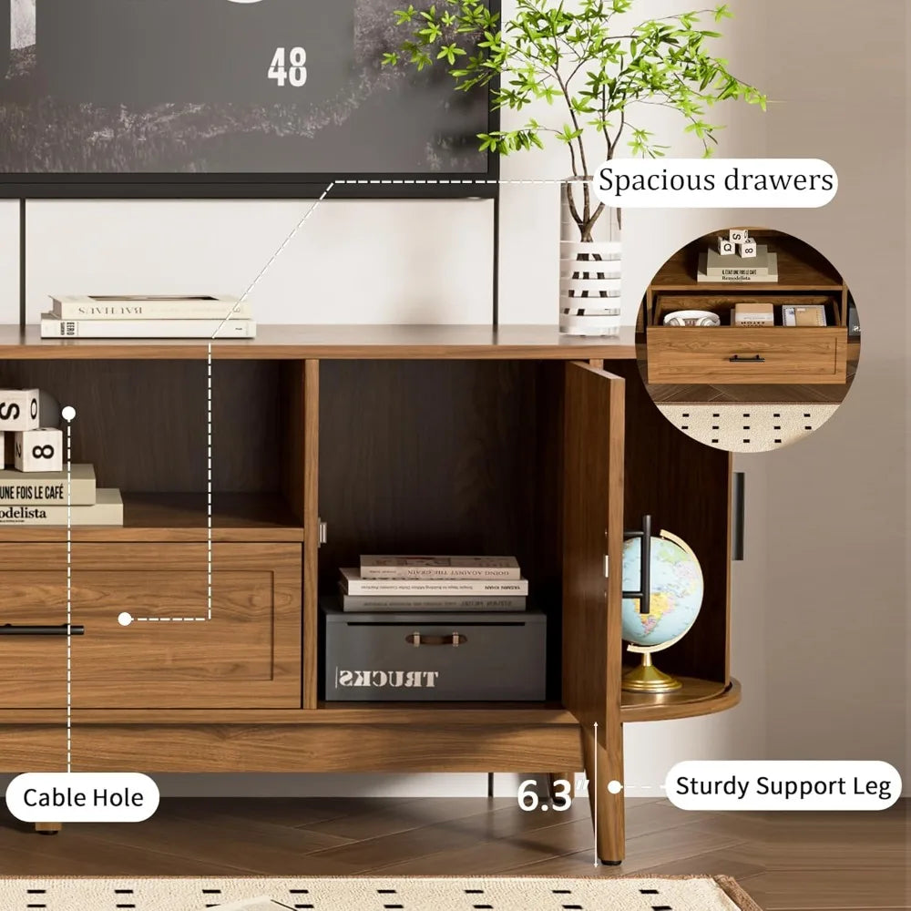 63" Fluted TV Stand for Tvs up to 70", Mid-Century Modern Entertainment Center with Drawers and Fluted Doors, Curved TV Media