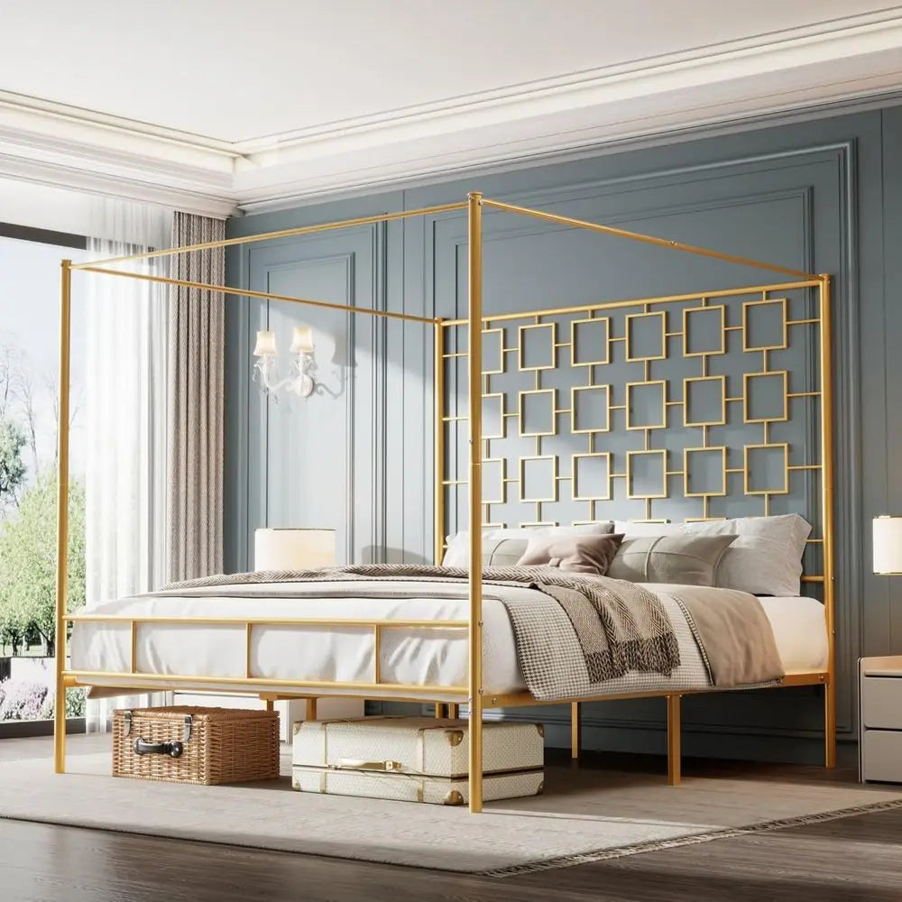 King Size Metal Four-Poster Canopy Bed Frame with Headboard & Footboard