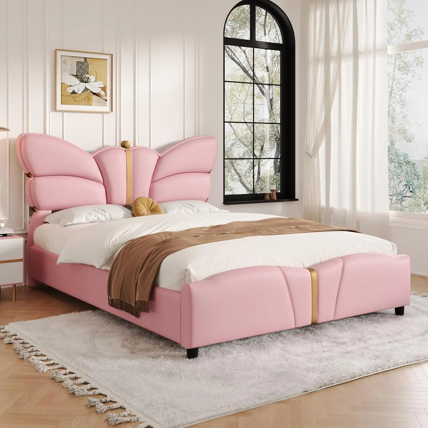 Faux Leather Platform Bed Frame – Butterfly-Shaped Headboard & Footboard (800 lb Support)