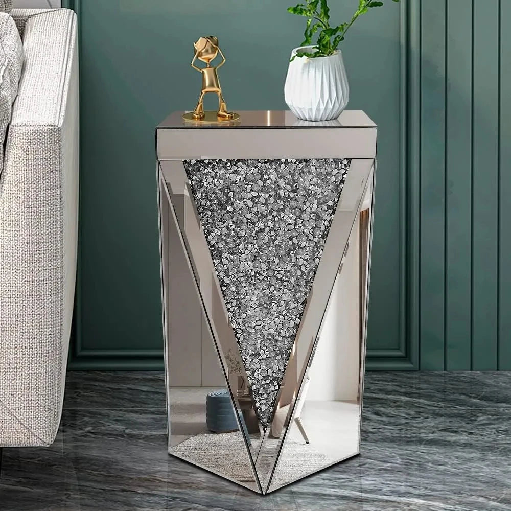 Silver Mirrored End Table, Crystal Inlay Side Table Accent Table, Small Mirrored Coffee Table for Living Room, Bedroom GN152TB