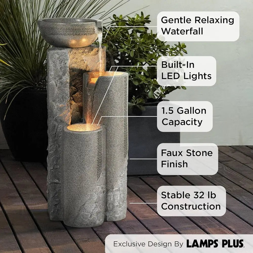 Large Zen Outdoor Floor Fountain, 34.5 High, Modern Tiered Waterfall with LED Light for Garden, Patio, and Backyard